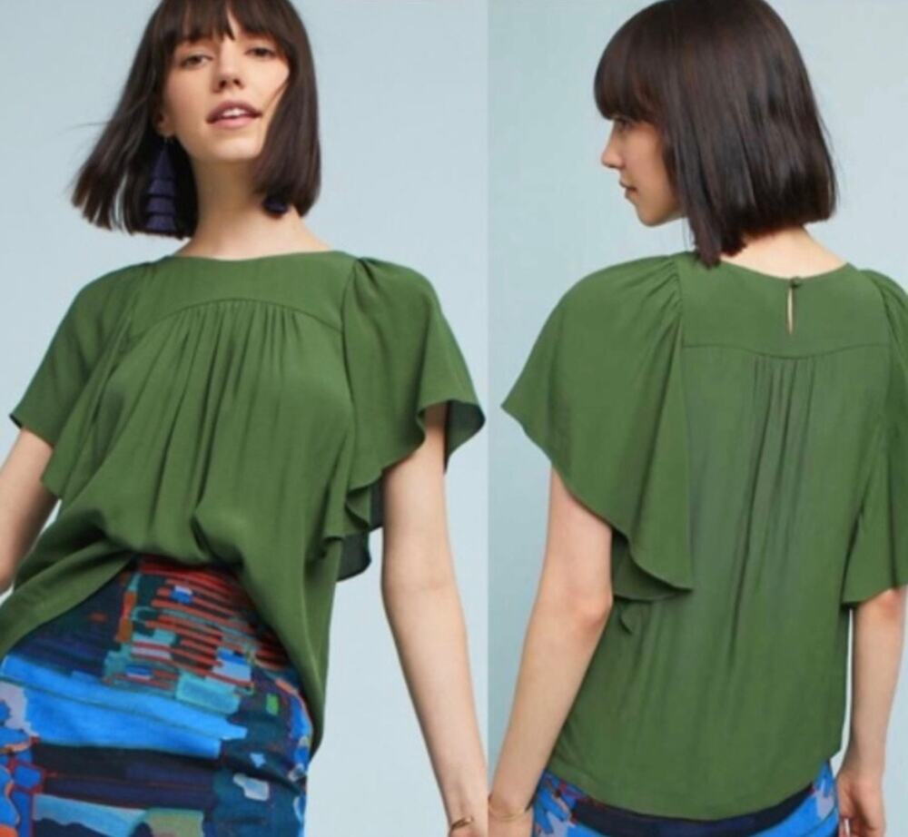 Anthropologie Maeve Green Flutter Sleeve Blouse Womens M Romantic Boho Top
